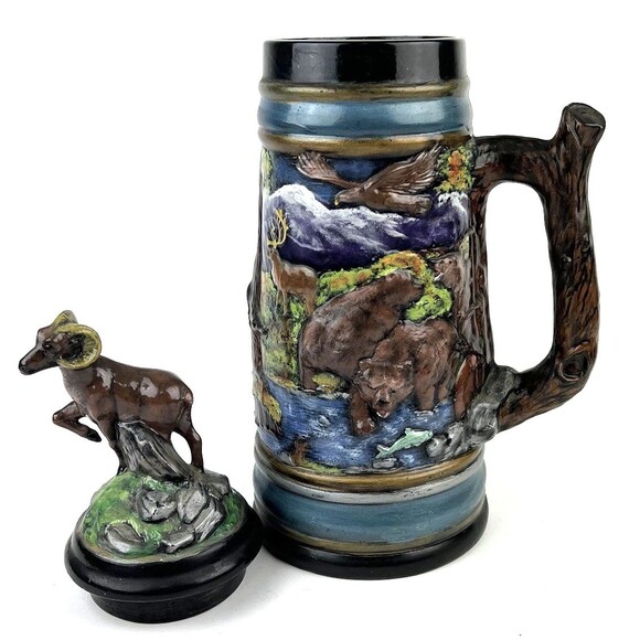VTG Holland Mold 3D Wildlife Beer Stein Removable Ram Lid 18” Bears Moose Eagle - Picture 2 of 16